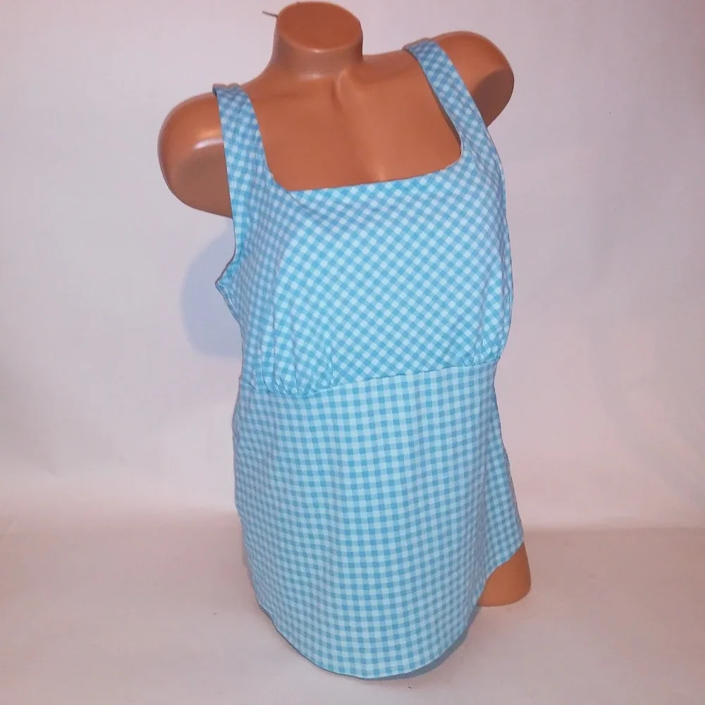Lands End Swim Tankini Top Size 18W/L Blue Checkered Lightly Lined Underwire